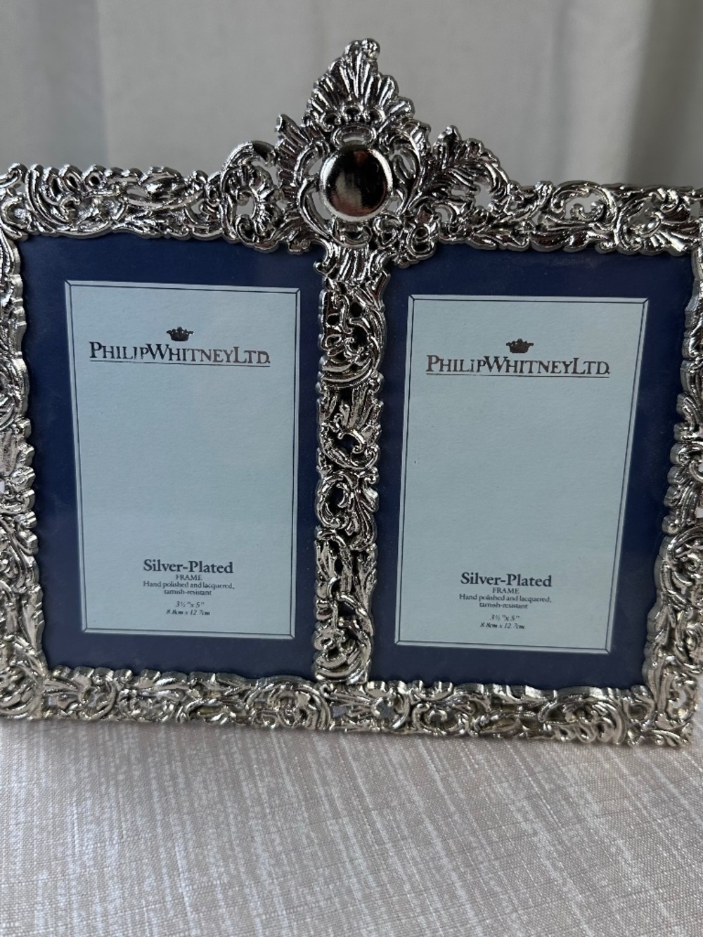 VTG Philip Whitney Silver Vanguard Double Picture Frame Ornate Victorian 3.5x5